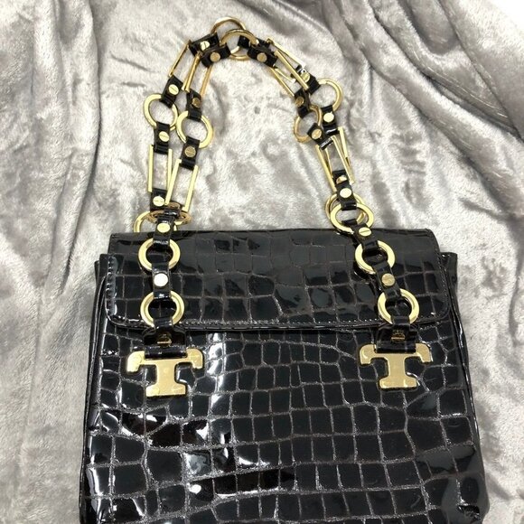 Tory Burch Retired Dark Brown Patent Leather Croc Embossed Gold Hardware Bag - Picture 3 of 12
